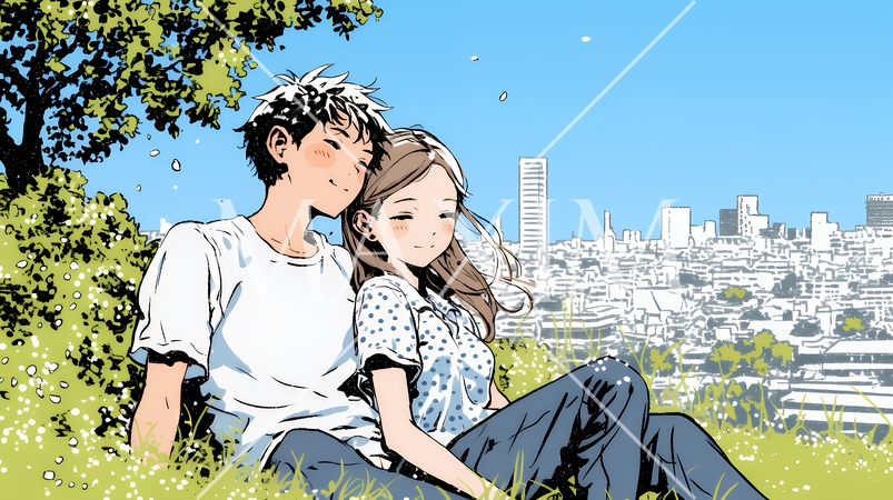 新緑の芝生が広がる都会の公園でくつろぐ若い男女