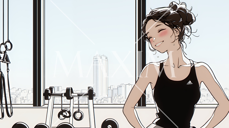 休日にジムで軽く運動する若い女性（シンプルな色使い）