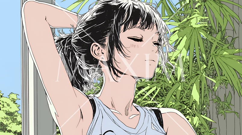 朝の目覚ましを止めて伸びをしている若い女性