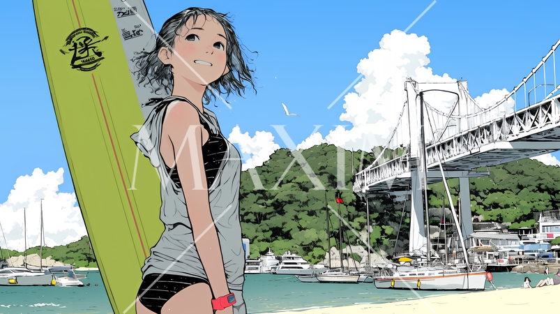 沖縄の海岸でビキニ姿でサーフボードを持った若い女性