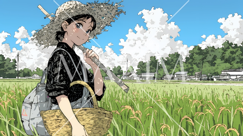 田んぼで農作業をしている女性