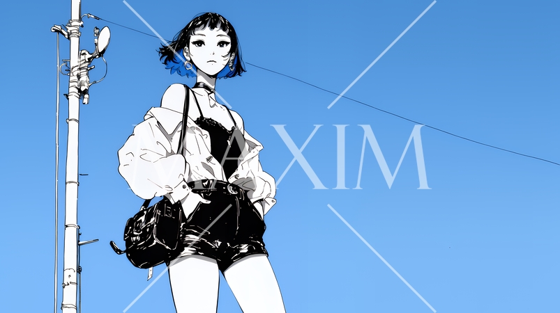 若い女性が佇む都市の街角（シンプルな色使い）