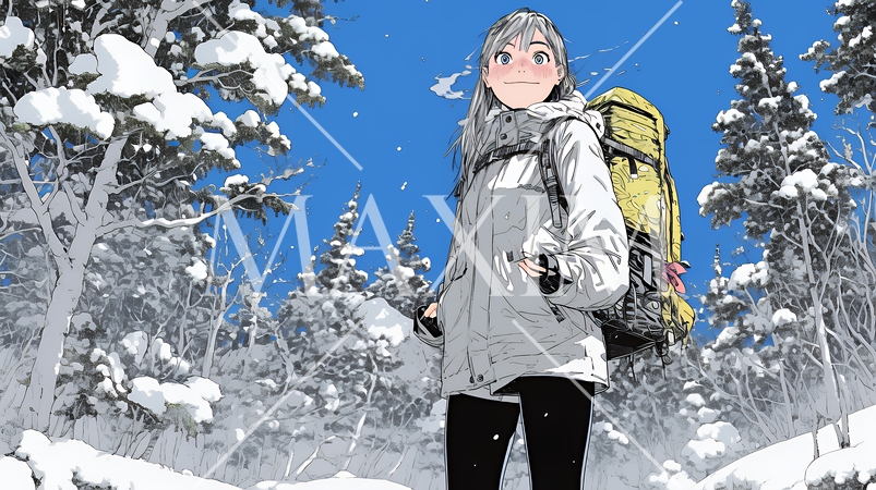 雪の積もる田舎道を歩いている若い女性