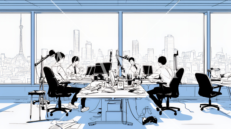 社員が働いている部署の様子（シンプルな色使い）