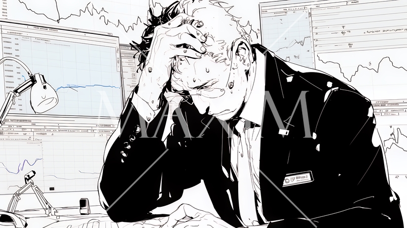 金融市場の急激な変動で頭を抱えている男性（シンプルな色使い）