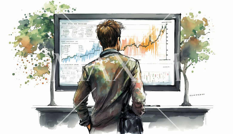 モニターに表示された株価チャートと注文画面を見つめる男性トレーダーの後ろ姿。