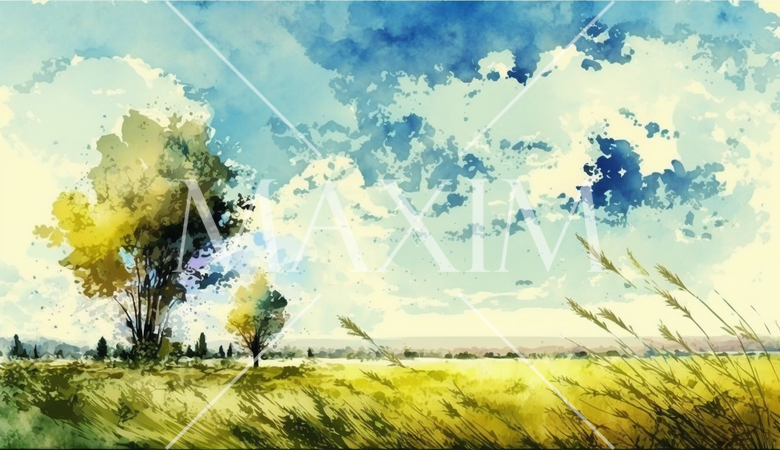 草原と青空を水彩画で表現