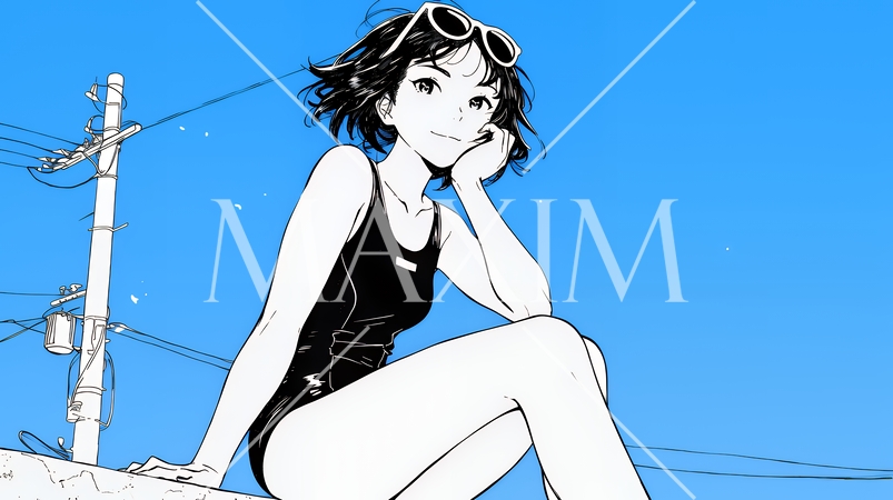 水着姿の若い女性（シンプルな色使い）