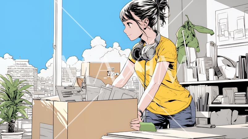 引っ越しの荷造り・荷解きをしている若い女性