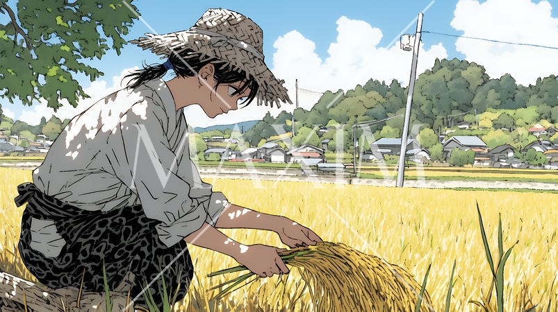 田んぼで農作業をしている女性