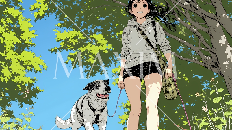 愛犬と散歩している若い女性