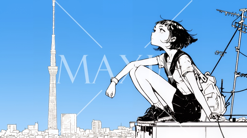 若い女性が佇む都市の街角（シンプルな色使い）