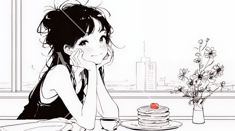 早朝のダイナー（喫茶店）でパンケーキ（モーニングセット）を食べる若い女性（シンプルな色使い）