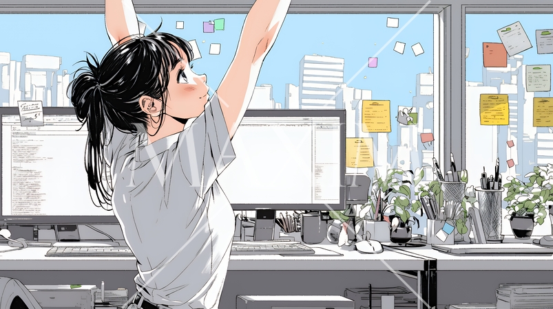 仕事の合間にストレッチ（伸び）をする女性