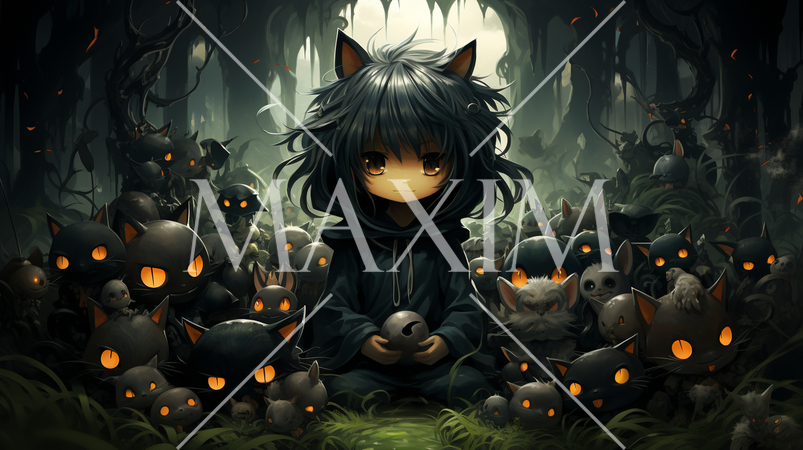 ハロウィンの夜の草むらや森に潜む猫たち