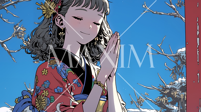 和服を着て初詣をしている若い女性