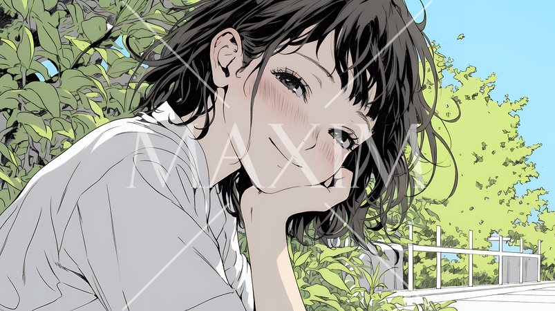 頬を赤らめて、照れ笑いする若い女性