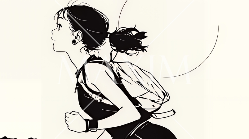 夕日を背景にジョギングをする若い女性（シンプルな色使い）