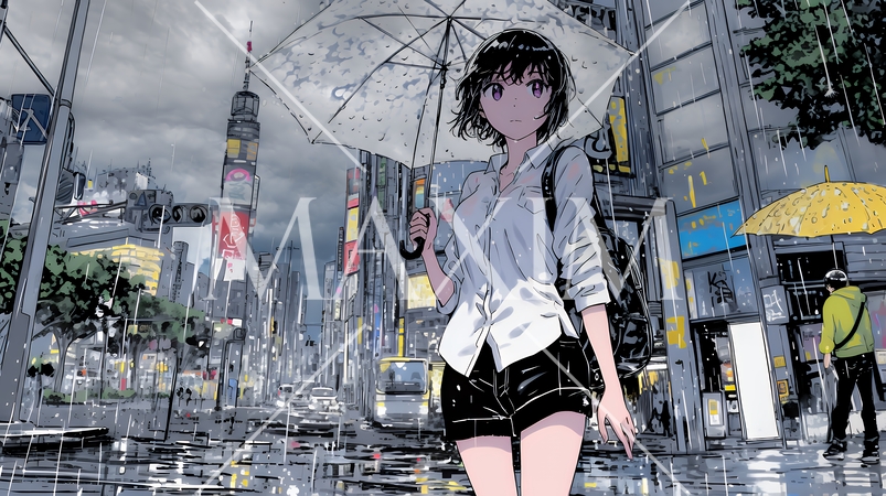 雨の日に傘をさして歩く若い女性