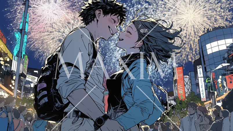 花火を見ながらいちゃついている若いカップル