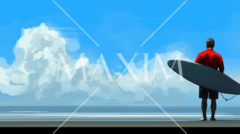 夏空と海を浜から眺めているサーファー