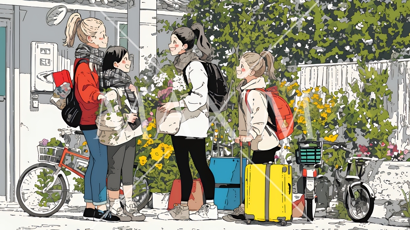 道端で会話を楽しむ若い主婦たち（ママ友たち）