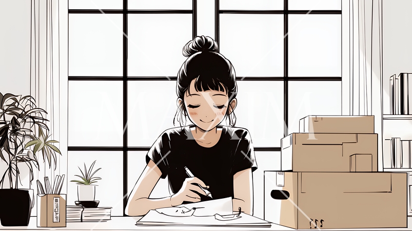 引っ越しの荷造り・荷解きをしている若い女性（シンプルな色使い）