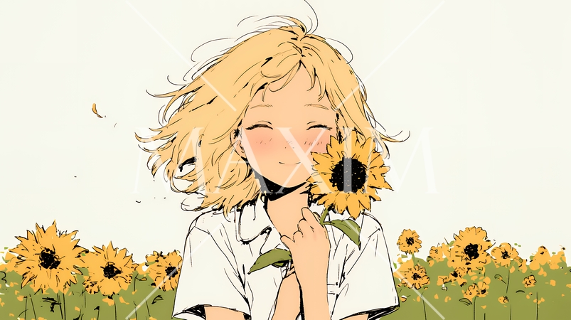 ひまわりと女性（シンプルな色使い）