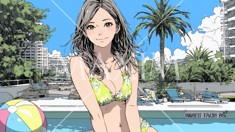 ビーチリゾートを旅行中のビキニ姿の若い女性