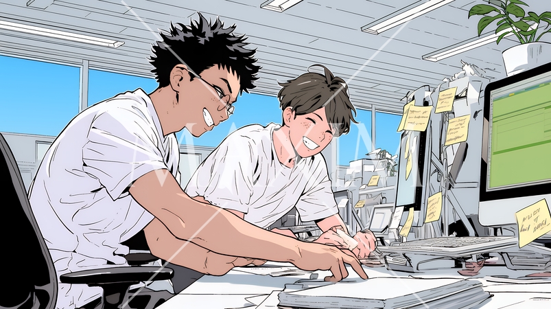 OJT：オフィスで、部下（後輩）を指導するマネージャー