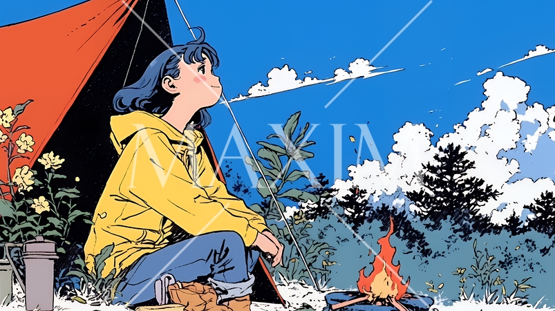 ソロキャンプを楽しんでいる若い女性