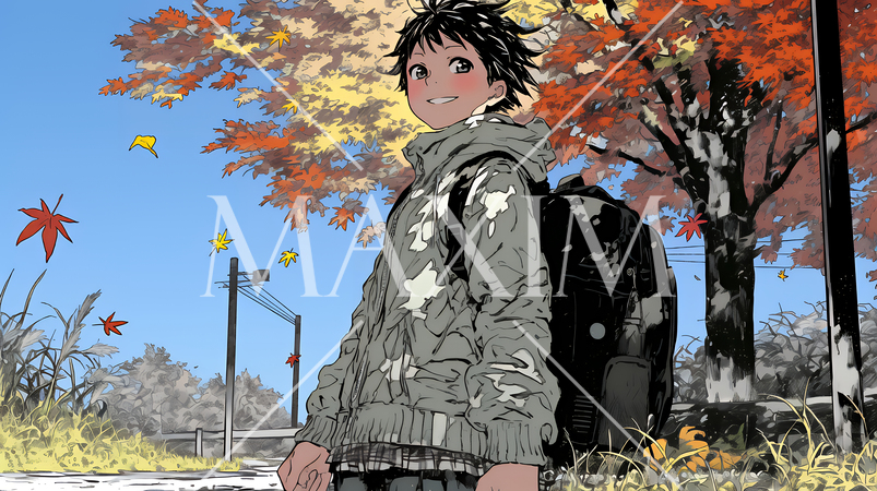 紅葉の小径を歩く若い女性