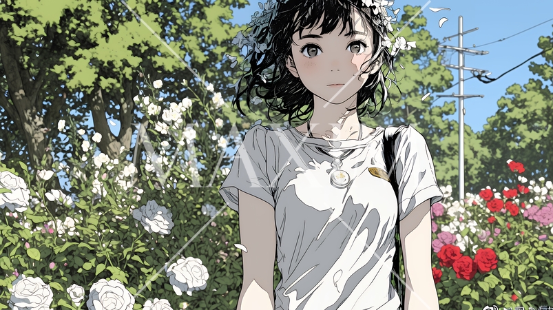 バラ園を散策している若い女性