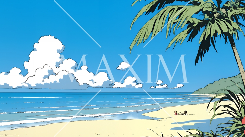 やしの木と海岸と海と青空がきれいな南国のリゾート：コピースペースあり