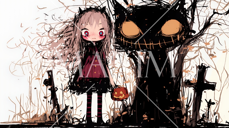 キモかわいいハロウィーンコスプレの女の子（クレヨンと水彩画風）