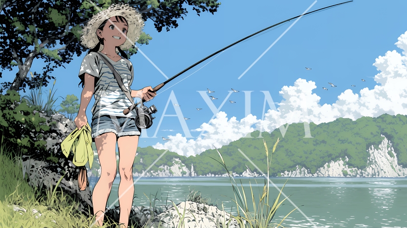 岸から魚釣りを楽しむ若い女性｜渓流・自然・アウトドア・ライフスタイル