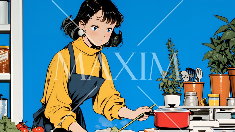 なれない料理に奮闘中の若い女性