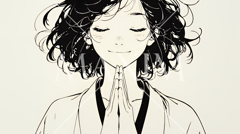 手を合わせてお祈りをしている和服姿の若い女性（シンプルな色使い）