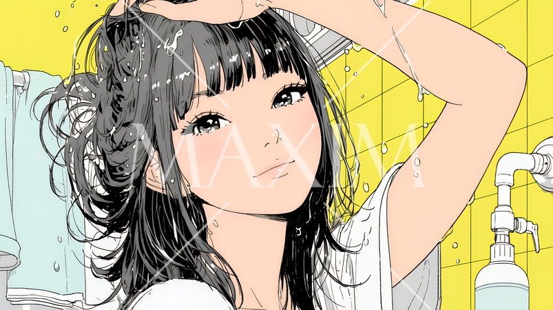 ヘアーシャワーの後の濡れ髪の若い女性