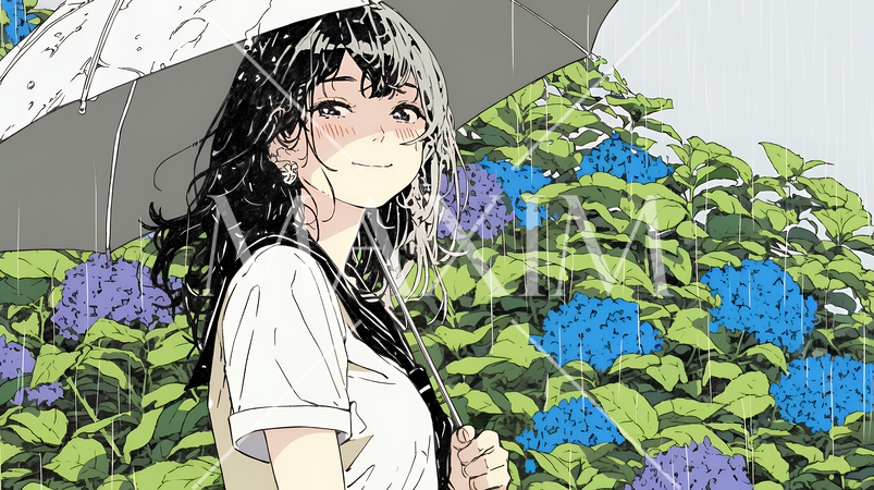 アジサイと梅雨の長雨と若い女性