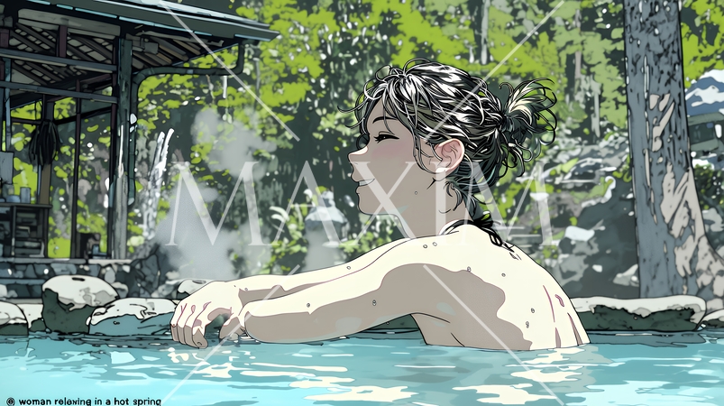 露天風呂に浸かっている若い女性