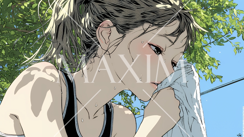 強烈な日差しでヘトヘト状態の女性（シンプルな色使い）