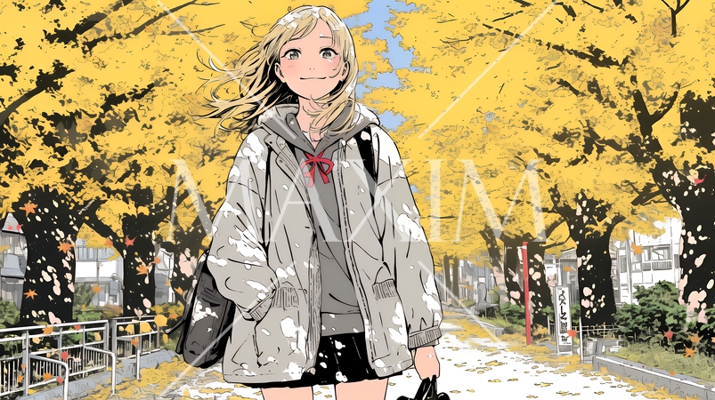 紅葉の小径を歩く若い女性