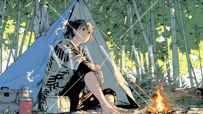 ソロキャンプを楽しんでいる若い女性