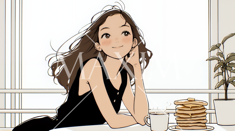 早朝のダイナー（喫茶店）でパンケーキ（モーニングセット）を食べる若い女性（シンプルな色使い）
