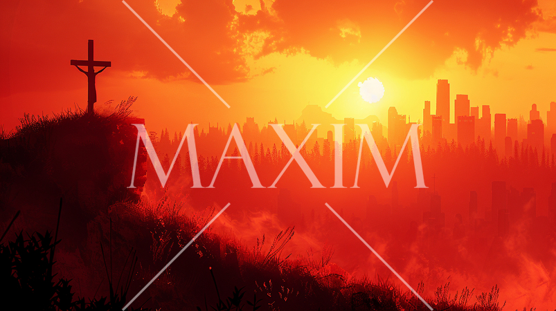 現代のゴルゴダの丘：十字架にかけられたイエスと高層ビル群が見える