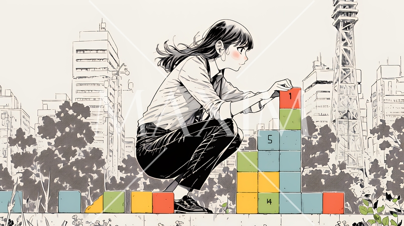 コンクリートブロックを積み上げているビジネスウーマン：計画の段階的積み重ねの比喩