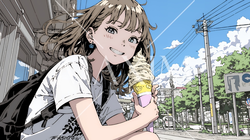 夏空の下でソフトクリーム（コーンに乗ったアイスクリーム）をたべる若い女性