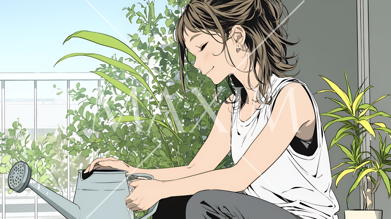 観葉植物の世話をする若い女性