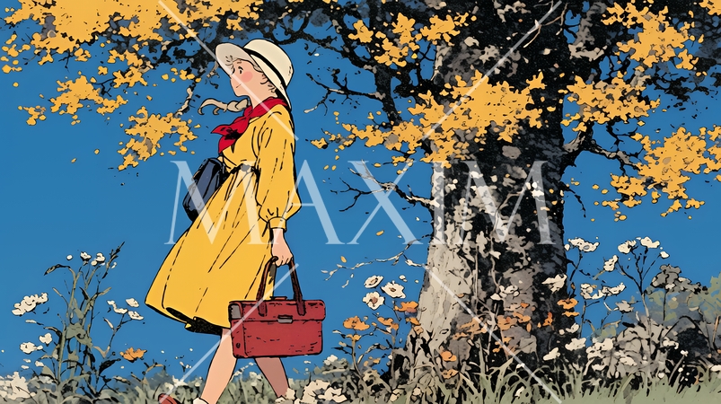 紅葉の小径を歩く若い女性